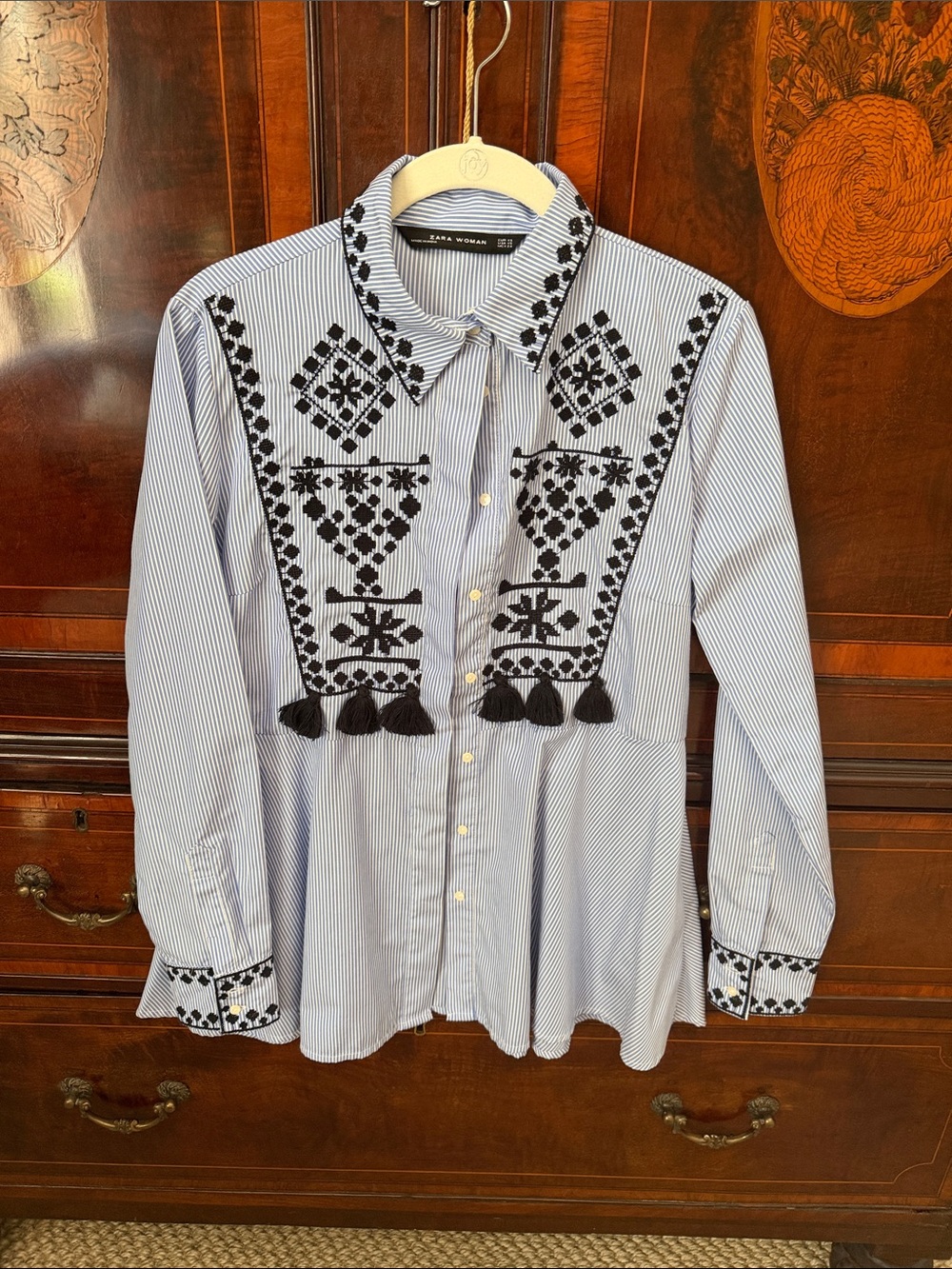 Zara Blue and Black Striped Embroidered Tassel Shirt
